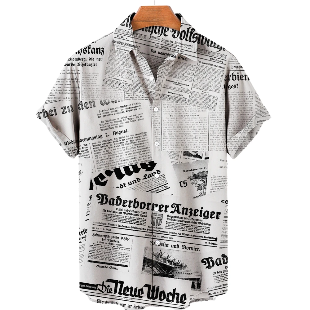 2023 Vintage News Papers 3d Print Lapel Hawaiian Shirts Casual Short-sleeved Tops Men's Shirts Male Clothes Retro Shirt For Men