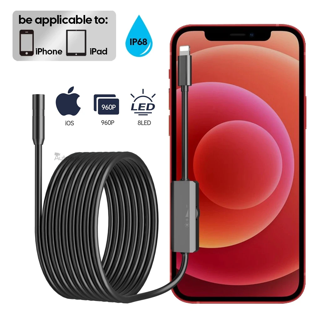

USB Endoscope for Iphone 8mm 960P Borescope Inspection Snake Camera IP68 Semi-rigid Cord With 8 LED For IOS Endoscope Camera