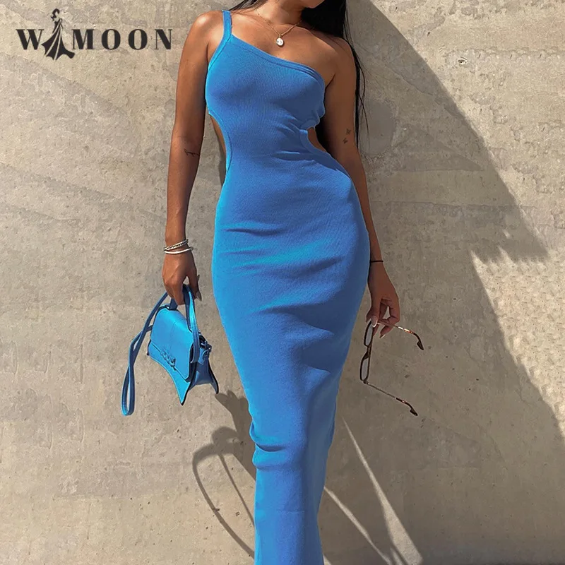 

One-shoulder Backless Split Long Dress Women New Slim Sexy Club High Street Casual Solid Hollow Out Holiday Outfit Party Dress