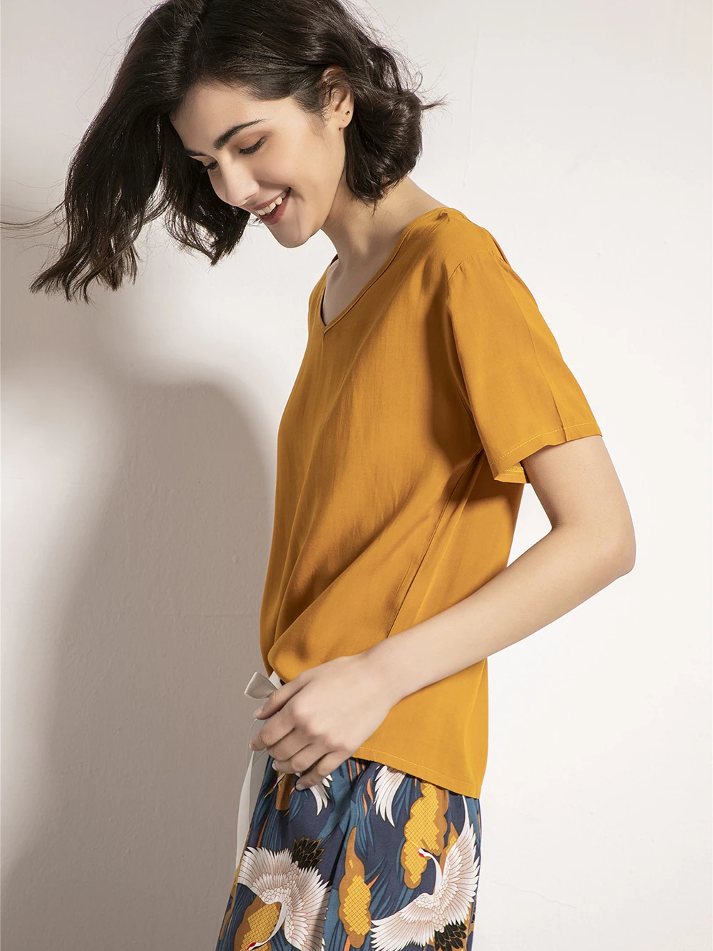 Women's Loungewear Pajamas Set Short Sleeve Nightwear Pants Sleepwear Fashion Yellow Print Floral Loose Comfort Homewear