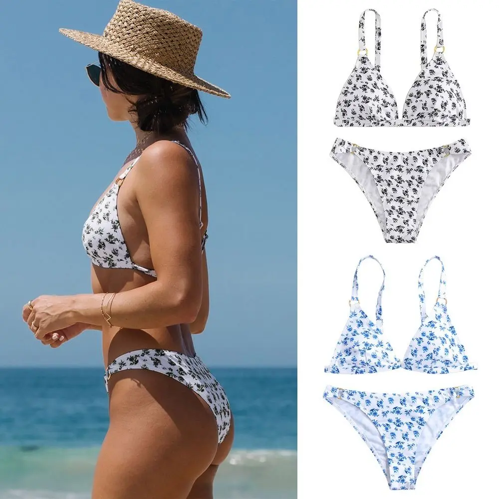 

Женский модный купальник с принтом на бретельках с открытой спиной и низкой талией, сексуальный раздельный купальник, комплект бикини из двух предметов
