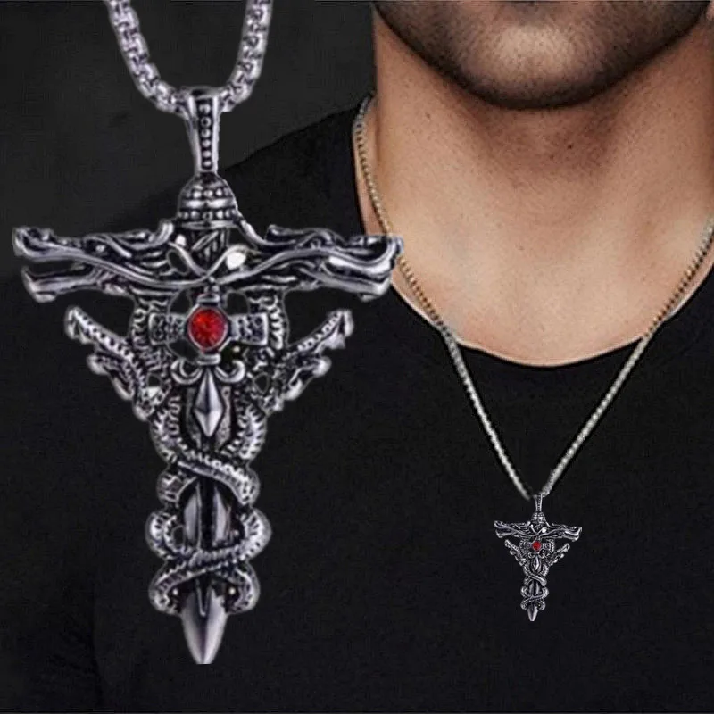 Модное ожерелье с двойным мечом Дракона из нержавеющей стали с крестом, ретро панк ожерелья для мужчин, ювелирное изделие в качестве подарка на годовщину.
