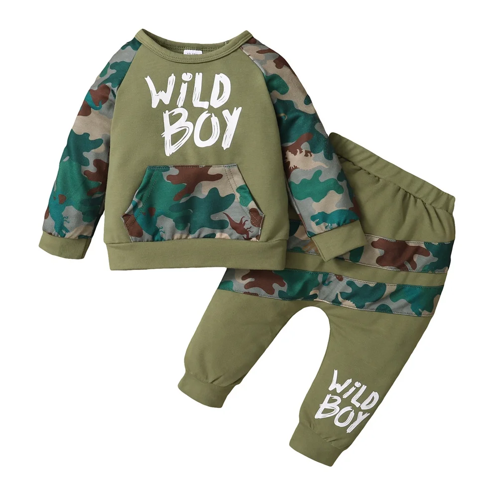 

Kids Boy Clothes Suit WILD BOY Pocket Panel Camouflage Long Sleeve Sweater Trousers 2PCS Children Costume Sport Outfit Set
