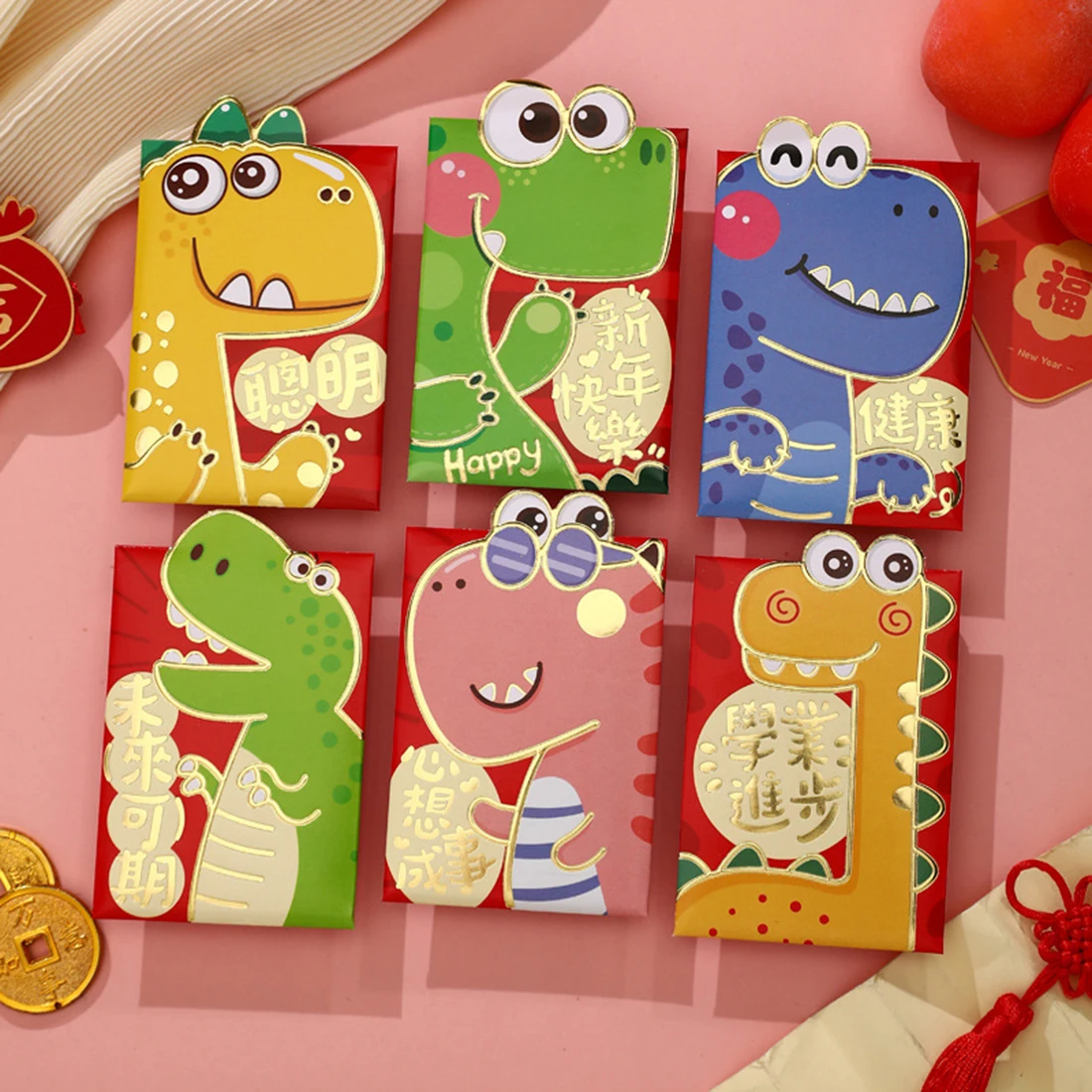 

6 шт., красный конверт, китайский новый год 2024, дракон хунбао, счастливая фотография, красный Карманный ангпао