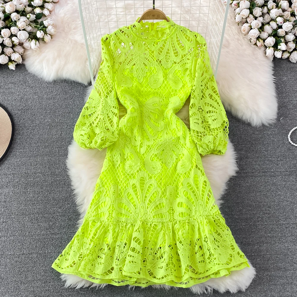 Summer European and American Stand Collar Waist Lantern Sleeves Hollow Water Soluble Lace Fishtail Dress Short Dress