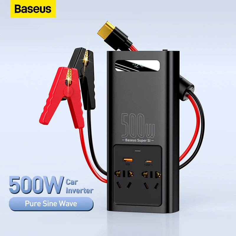  Baseus Car Inverter 500W DC 12V to AC 110V 220V Auto Converter Type-C USB Fast Charging Pure Sine Wave EU US Socket Car Inverter 