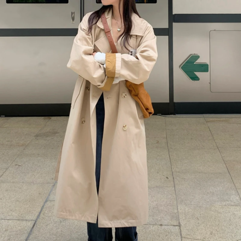 

Женский винтажный Тренч в Корейском стиле, Длинная ветровка в стиле Харадзюку, элегантная свободная двубортная куртка на весну и осень, 796D