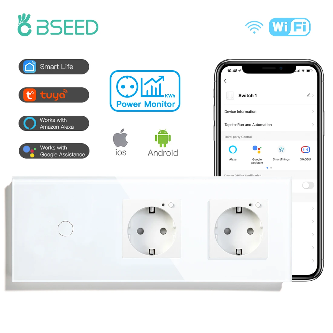 

BSEED 1Gang 1/2/3Way Wifi Touch Switches With Double EU Power Monitor Smart Sockets Glass Panel Control By Alexa Google Tuya App