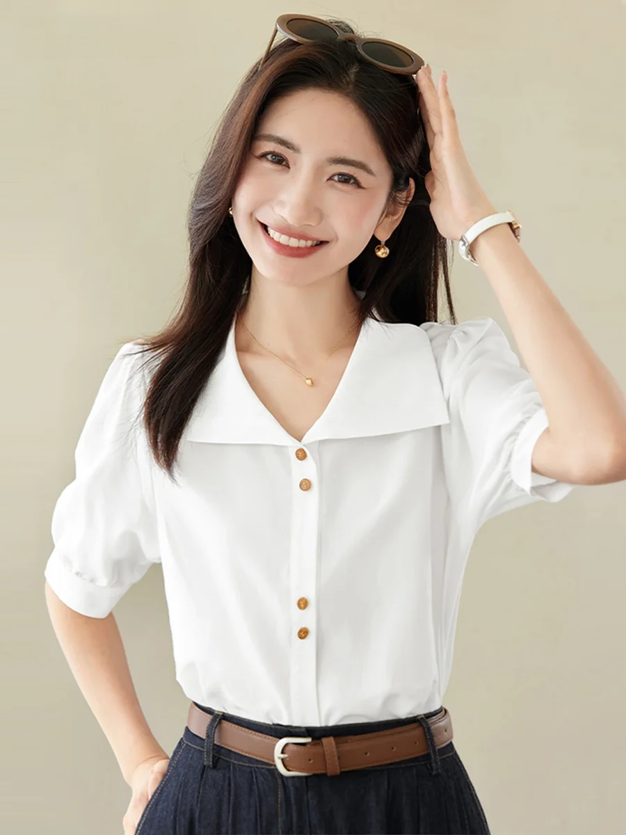 Longvenstein French sle Lapel White Shirt Women 2024 Autumn clothes New Elegant Chic Design Short sleeve Top |