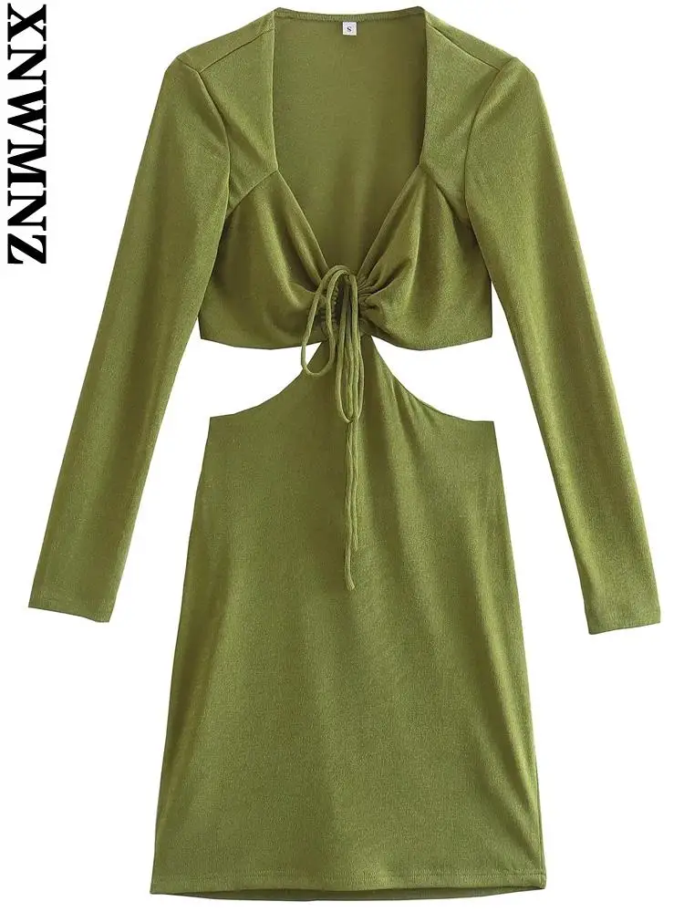 

XNWMNZ сексуальный. Женское платье 2022, Модное Новое ажурное мини-платье, зеленые женские платья с длинным рукавом и воротником-халтером, vestidos ...