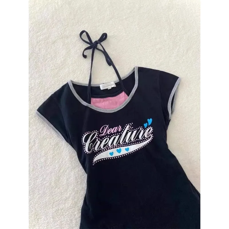 Повседневные модные облегающие винтажные Ретро футболки с лямкой на шее черная