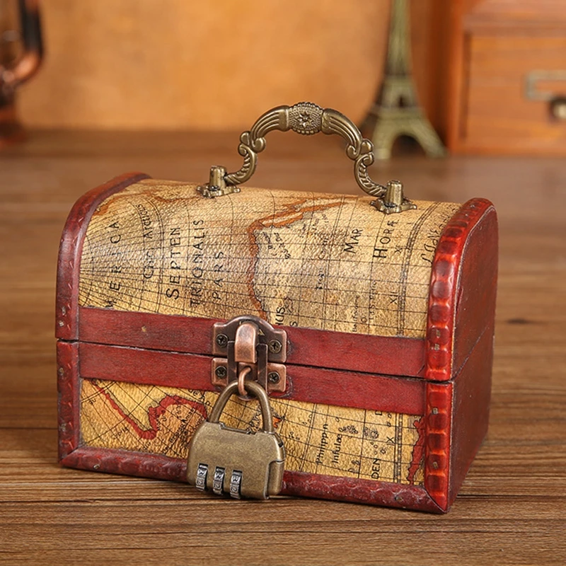 

Wooden Box Treasure Chest Jewelry Box Retro Money Saving Box for Kids or Adults