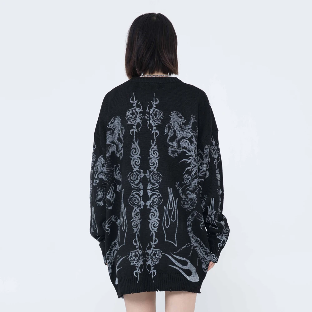 Skulls Print Oversized Sweater Frayed Goth Women Men Clothes Y2k Sweaters Knitted Pullovers Streetwear Harajuku Long Sleeve Tops | Мужская
