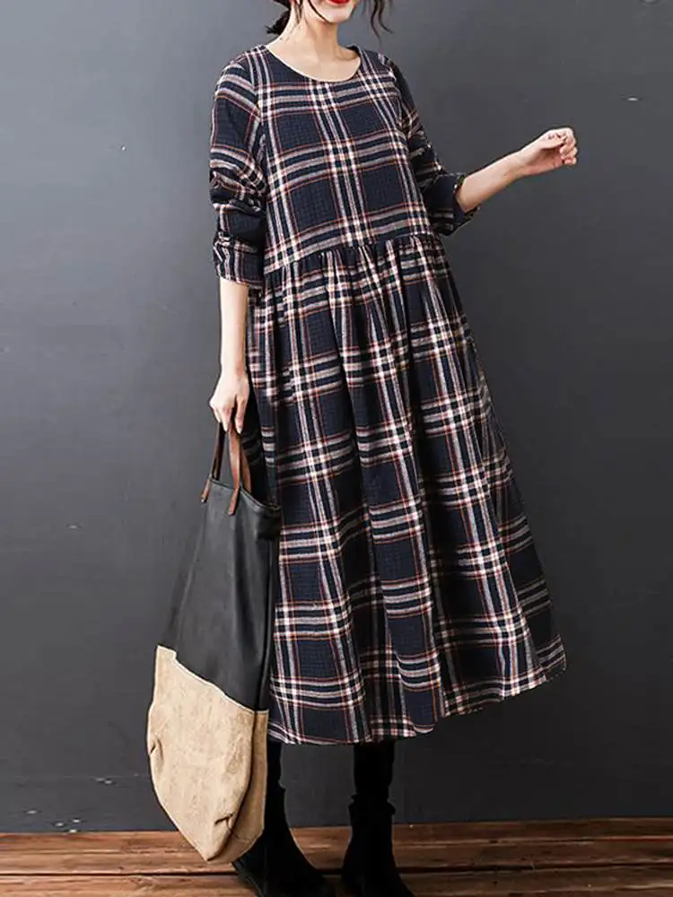 

ZANZEA Holiday Printed Long Maxi Robe Checked Dress Women Long Sleeve O Neck Maxi Dresses Beach Bohemian Vestidos Vestidos 2022