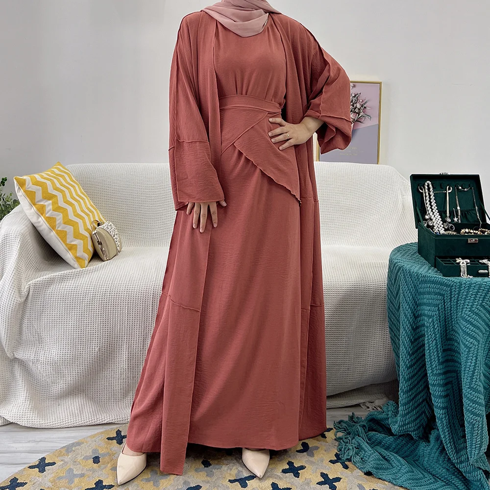Muslim Long Short Sleeve Dress+Cardigan+Belt Three Set Fashion Islamic Dubai Turkish Modest Abaya Dresses For Women Ramadan