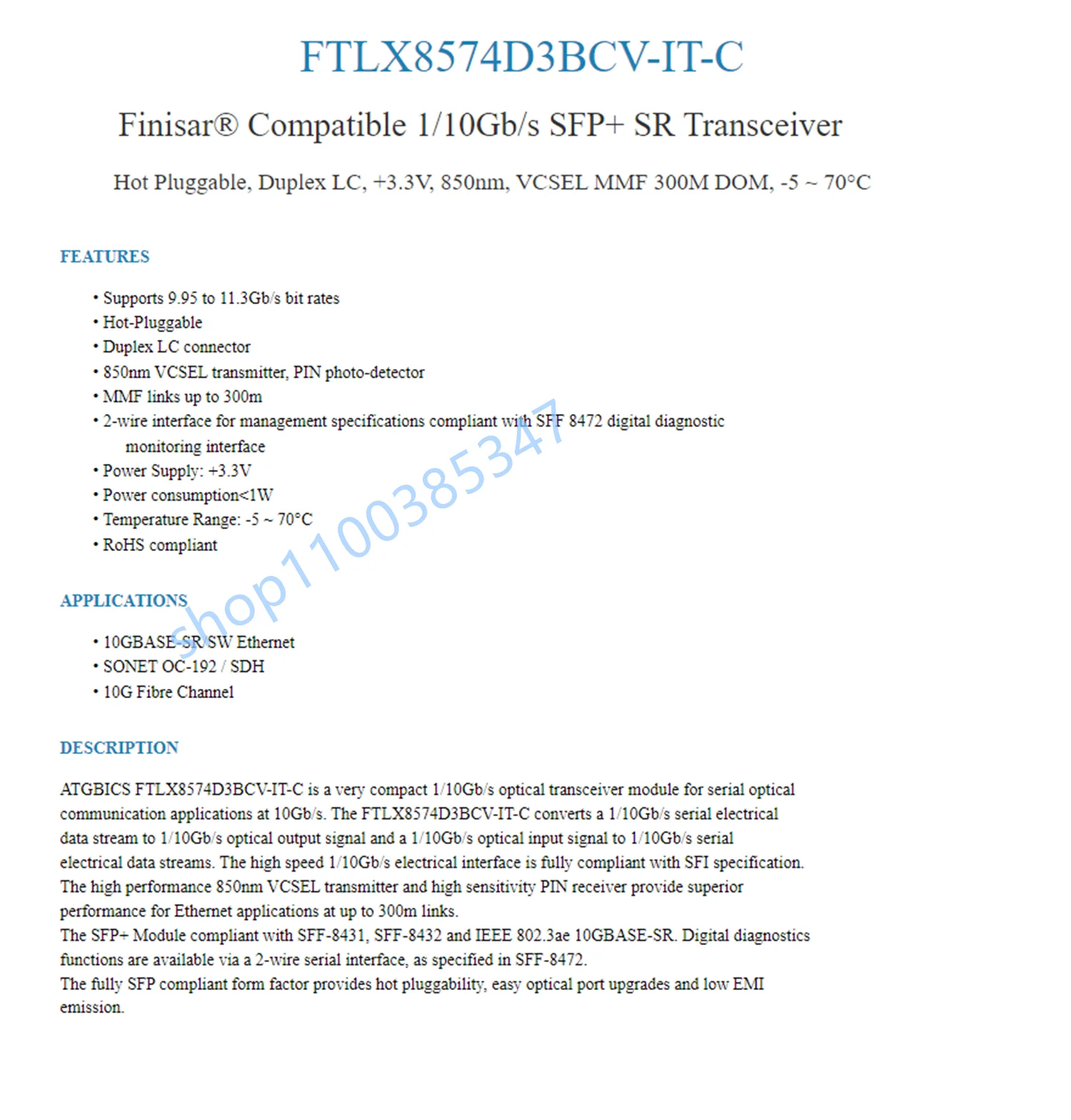 1 шт. FTLX8574D3BCV-IT 10G sfp оптоволоконный модуль/X520 X710 82599 адаптер переключателя общий
