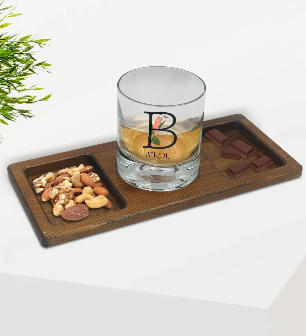 

Personalized Head Letter İsimli Whisky Cup and Natural Solid Wood Rectangle Presentation Tabağı Confectionary Gift Seti-11