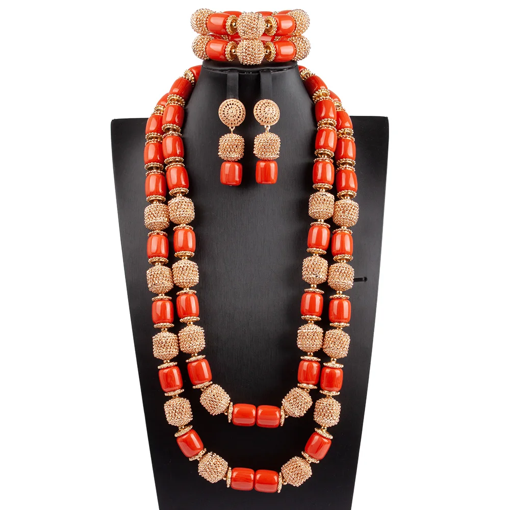 NEW Two Layers Copper Alloy Gold Indian Bridal Statement Jewelry Set 26 inches Long Artificial Coral Beads Jewelry Set ABG207