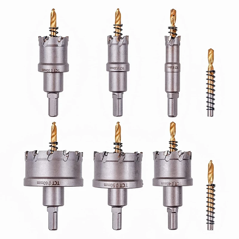 

6 шт., Набор отверстий для сверл TCT 16-60 мм, с центральным сверлом 2 шт., для твердого металла, нержавеющей стали, дерева, пластика