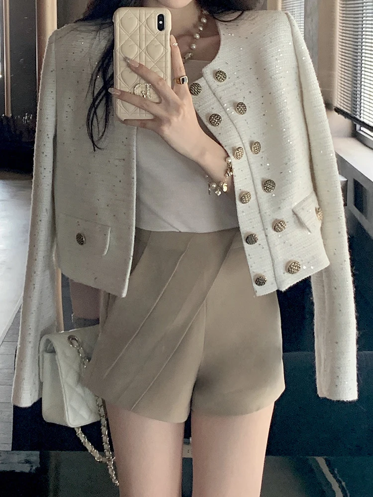 em UCXQ Elegancki blezer Płaszcz Koreański Styl O Szyja Dwurzędowa Moda Wszystko Dopasowane Krótkie Kurtki Kobiety 2024 Nowa Wiosna Jesień