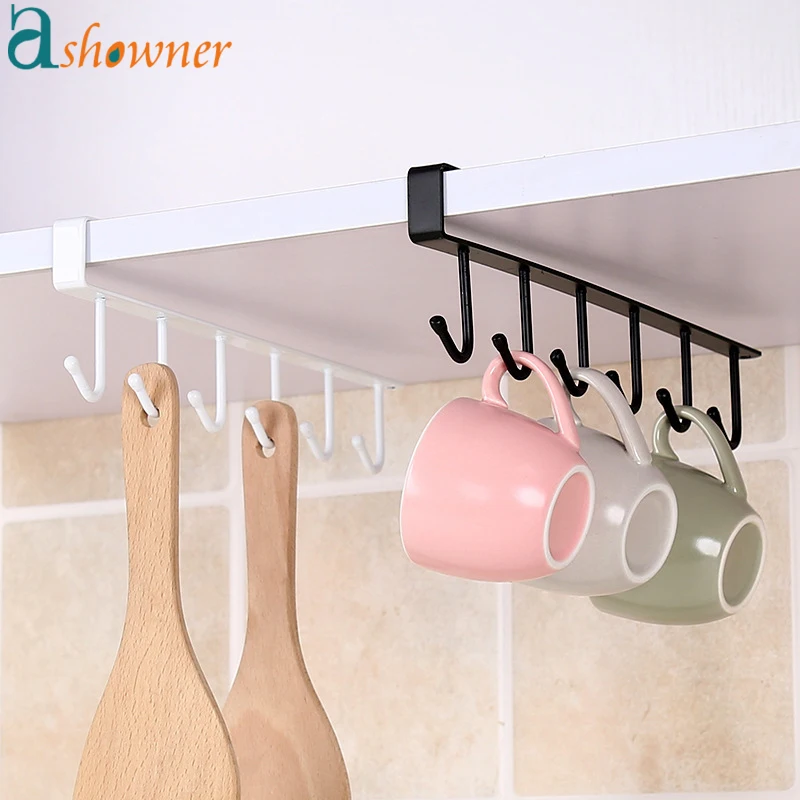 

Iron 6 Hooks Storage Shelf Wardrobe Cabinet Metal Under Shelves Mug Cup Hanger Bathroom Kitchen Organizer Hanging Rack Holder