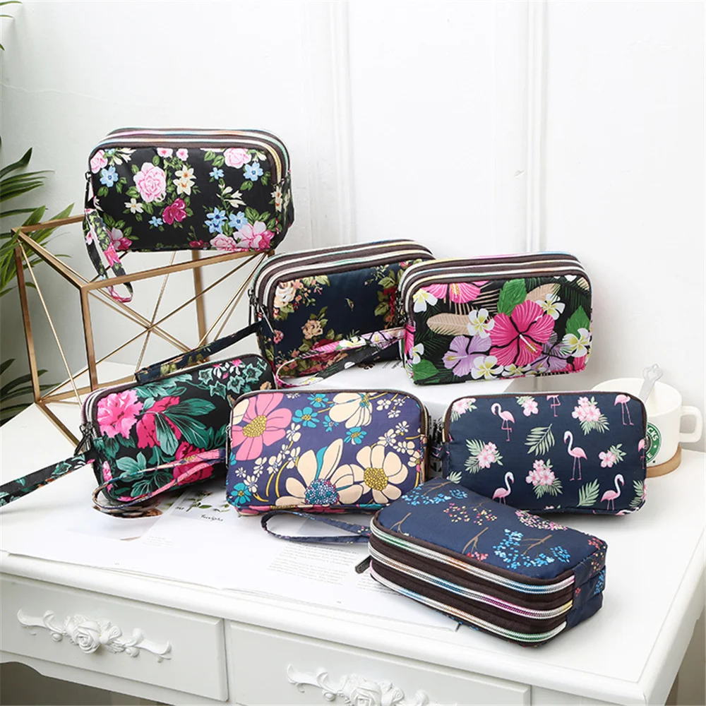 

Three-layer Zipper Long Women Waterproof Nylon Colorful Printed Cloth istlet Bag Coin Purse Mobile Phone Holder Small Clutch