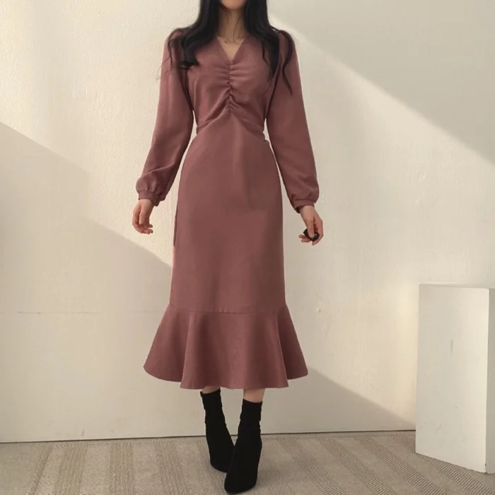 Женское платье корейское шикарное зимнее Плиссированное Платье с V-образным