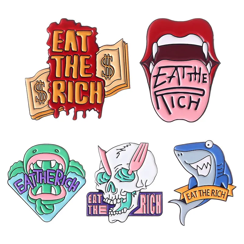 

Cartoon Shark Wave Skull Money Lip Brooches Eat The Rich Letter Enamel Pins Clothes Bags Hat Lapel Decoration Badge Jewelry