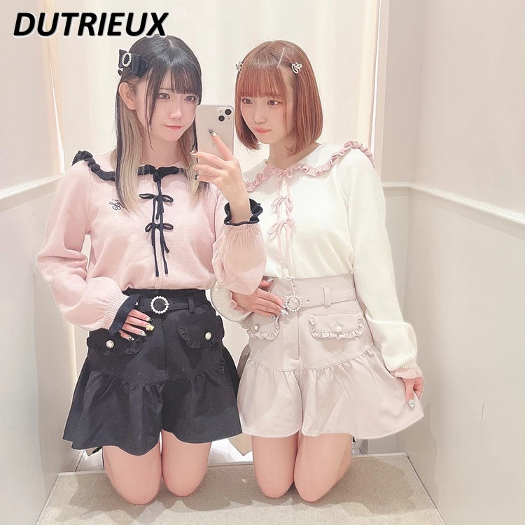 

Japanese Sweet Cute Girl Pleated Lapel Chest Bow Knitted Sweater Women Glutinous Long Sleeve Pullover Sweater Autumn Sweater Top