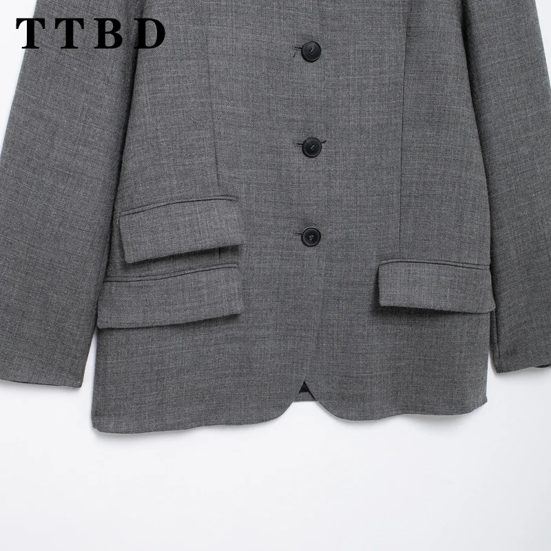 TTBD женский 2024 новый осенний винтажный однобортный пиджак с v-образным воротником