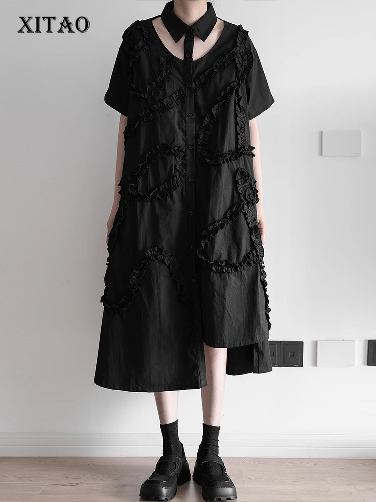 

XITAO Solid Patchwork Dress Women Korea 2022 Summer New Personality Fashion Loose Turn-down Collar Short Sleeve Dress WMD6009