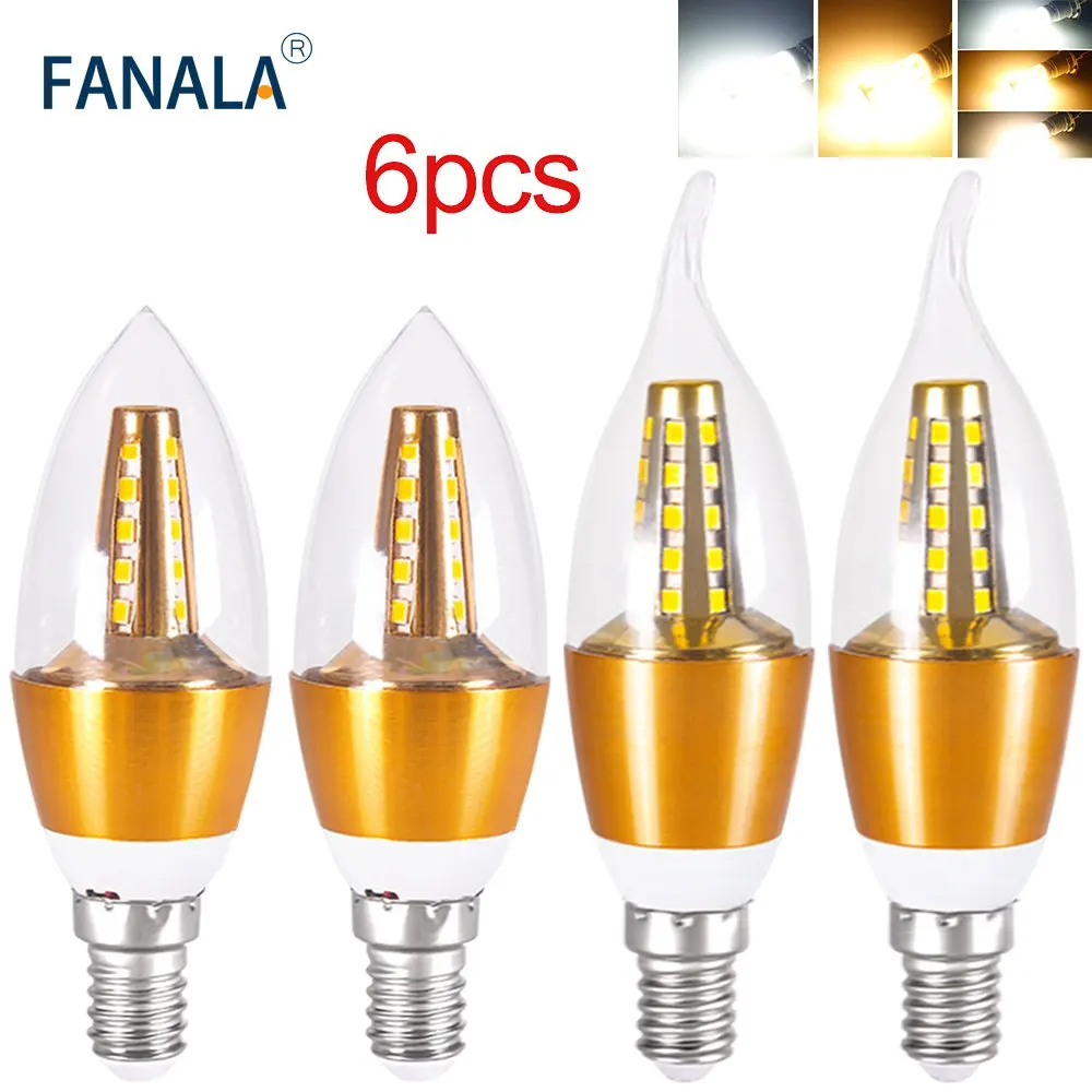 6pcs E14 LED Bulb Candle 5W 7W Gold Aluminum LED Bulb AC 220V SMD2835 LED Night Light Crystal Wall Floor lamp Glass Bulb