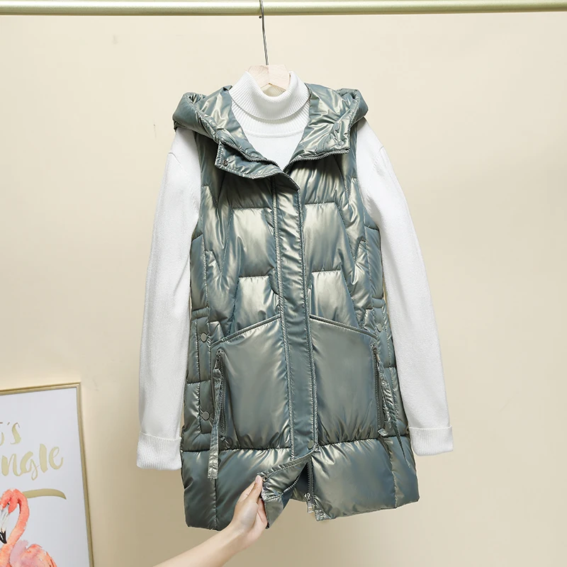 

Осенне-зимний женский жилет с капюшоном, однотонная черная, белая, розовая Женская Яркая блестящая куртка без рукавов, верхняя одежда, жилет