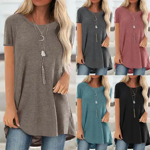 Plus Size 2022 New Women's Tunic Soild Fashion Long Shirts Round Neck Short Sleeve Casual Blouses Summer Women Clothing Blouse