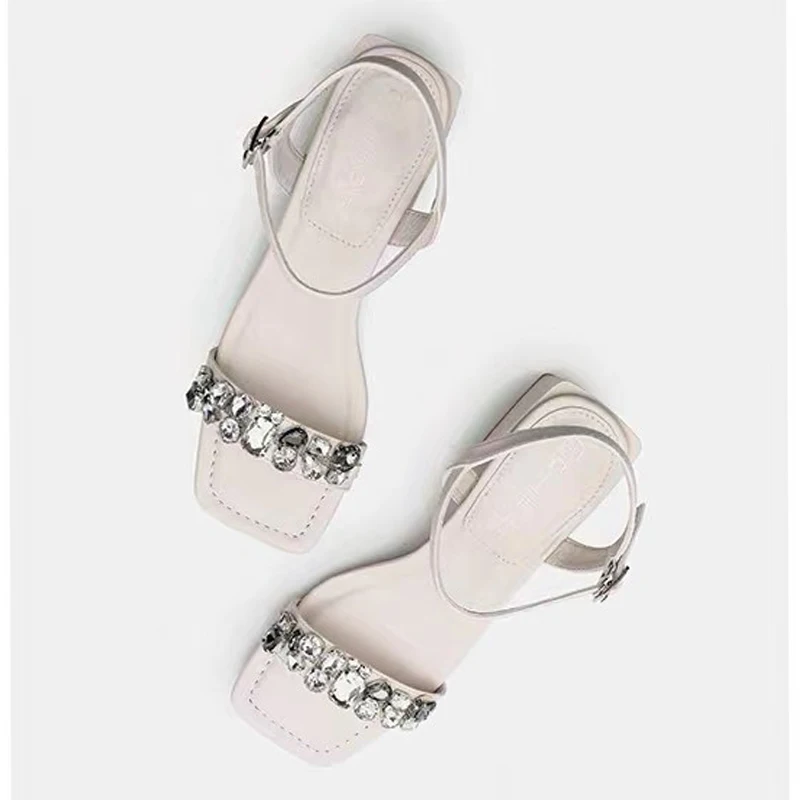 

Med-high Heels Rhinestone Sandals Women Black Narrow Band Glitter Wedding Shoes Woman Crystal Beading Gladiator Sandalias New