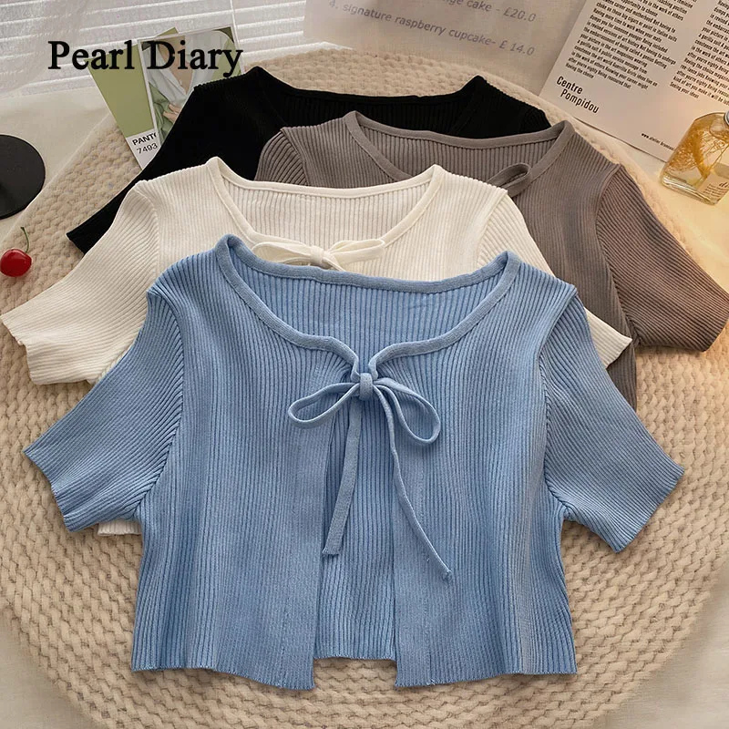 

Pearl Diary Women Frenulum Knitting Cardigan Summer Screw Thread Short Sleeves T-Shirt Bowknot Chic All-Match Top Women