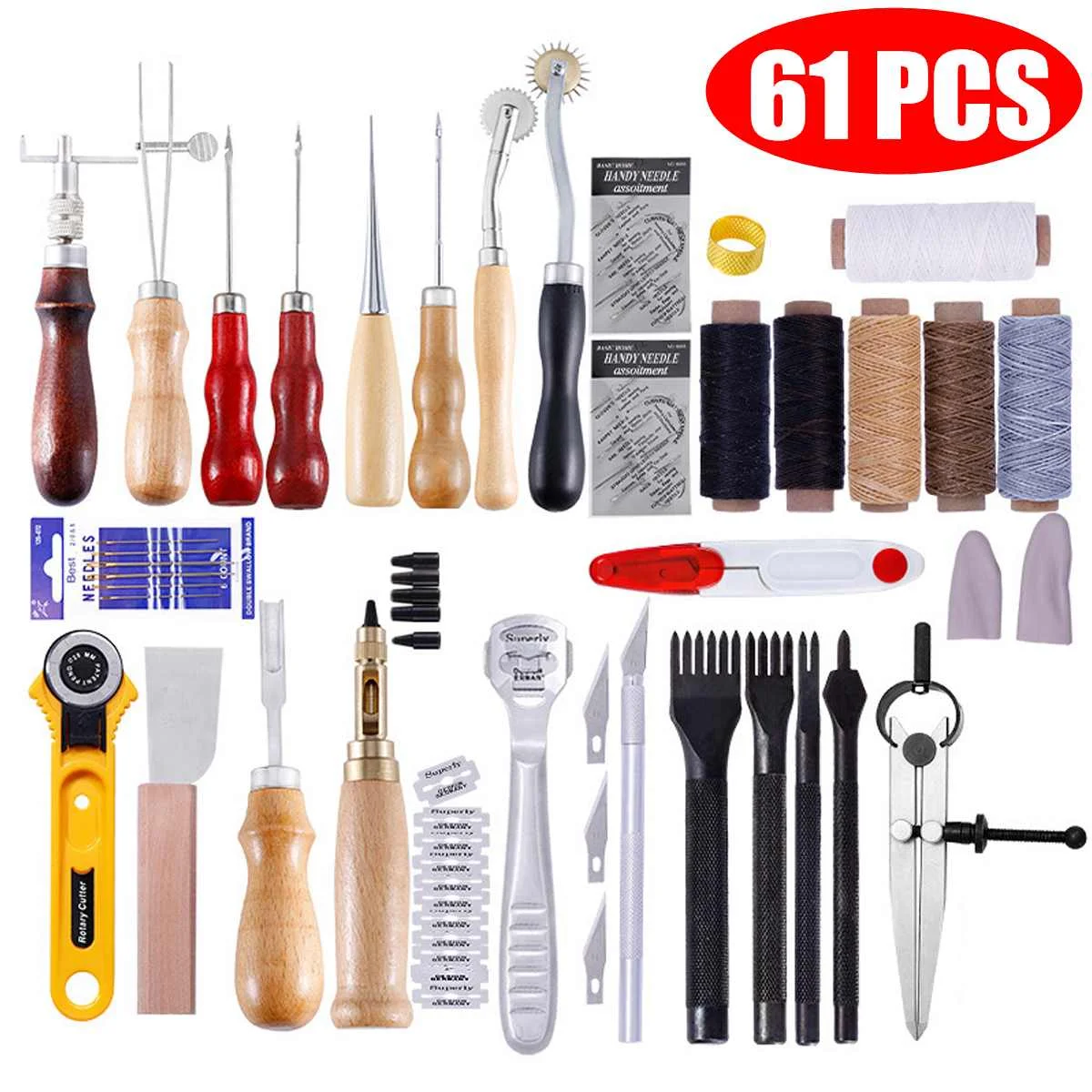 

61 Pcs/Set Professional Leather Craft Tools Kit Home Hand Sewing Stitching Punch Carving Work Saddle Leathercraft Accessories