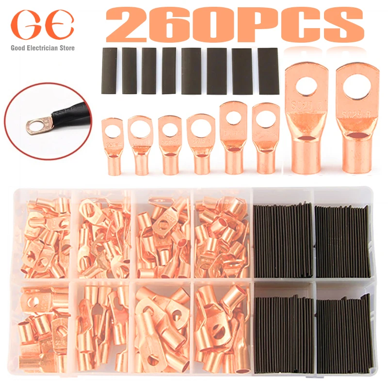 

260Pcs Wire Lug Connector Ring SC6-25 Copper Connectors Bare Cable Electric Crimp Terminal Connector Kit,terminals sc tube