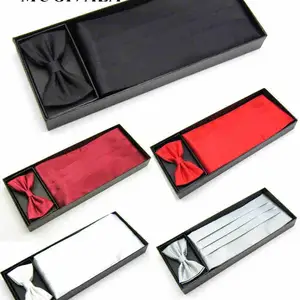 Imported Mens Wedding Tuxedo Bow tie Set Cummerbund Hanky Pocket Towel Black Red White Silver Solid Bowtie Cr