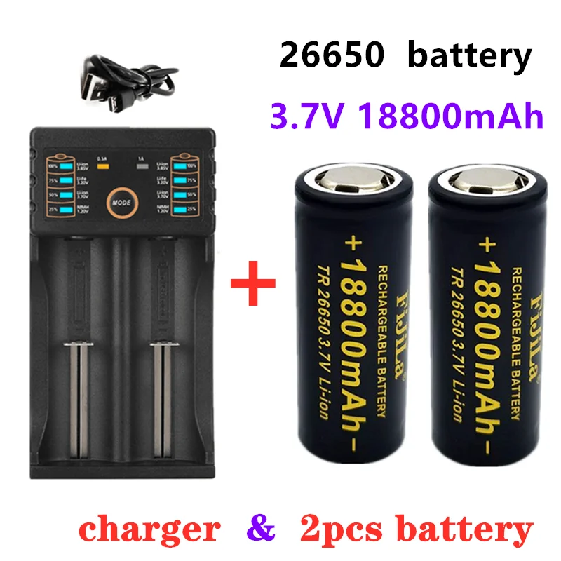

2022 neue hohe qualität 26650 batterie 18800mAh 3,7 V 50A lithium-ionen akku für 26650 LED taschenlampe + ladegerät
