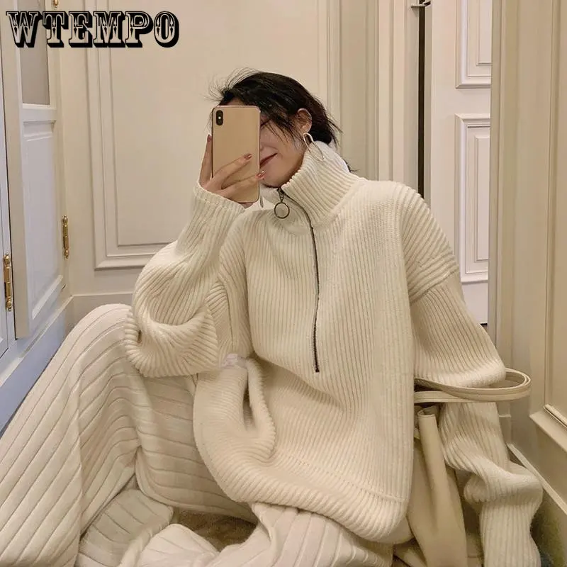 

WTEMPO Turtleneck Sweater Women's Fashion Loose Korean Version Zipper Outer Sweater Thickened Bottoming Top Winter Clothes Women