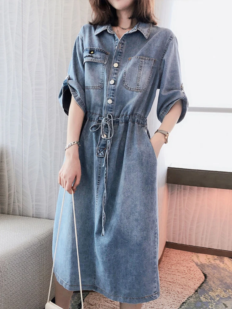 

Elegant Vintage Dress Women Spring Summer Denim Solid Formal Female Fashion Casual Blue Dress Turn-down Collar Clothes LOOSE