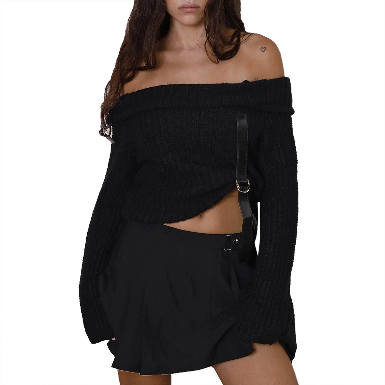 

Women Solid Color Knit Sweater Belt Decor Long Sleeve Boat Neck Off Shoulder Pullovers Spring Fall Cropped Jumpers Streetwear