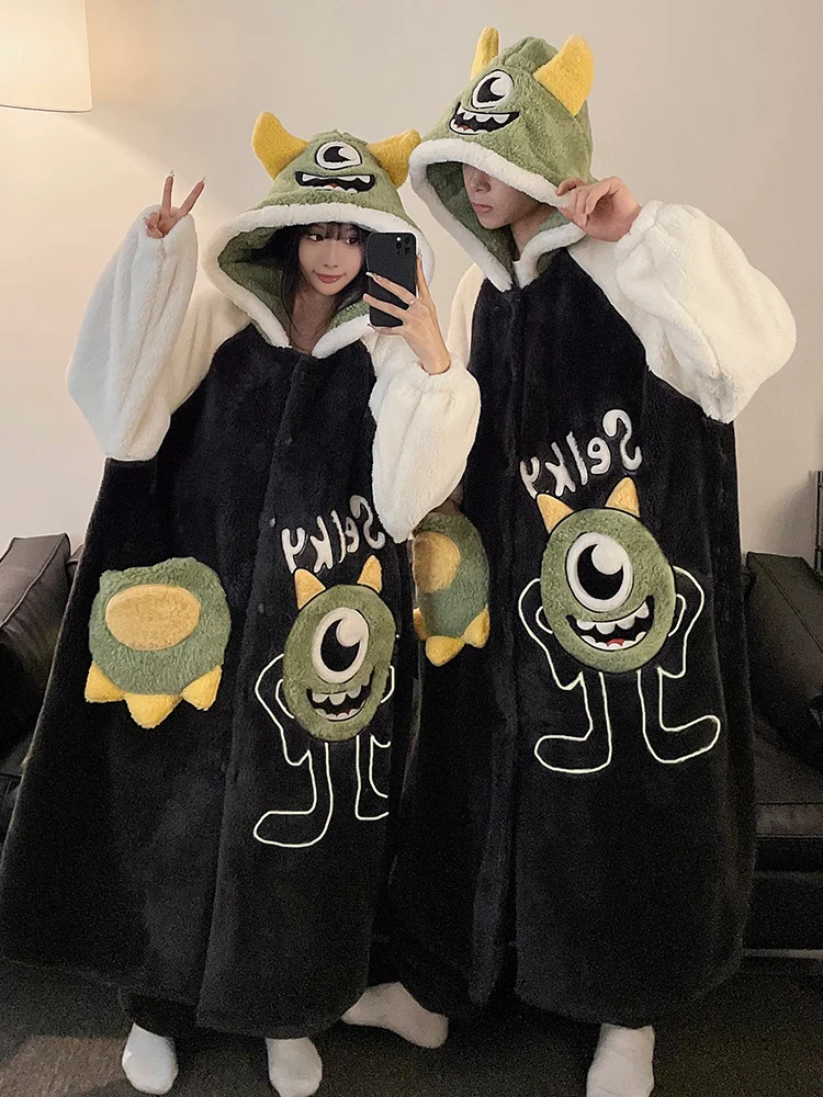 Big Eyes Couple Pajamas Women Winter Thickened Coral Fleece Flannel Nightgown Men's Homewear Set Can Be Worn outside