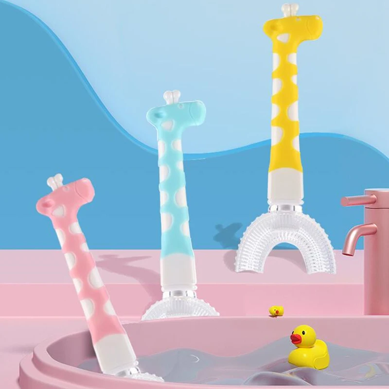 

Giraffe Shape Kids Toothbrush Silicone Oral Care Cleaning Brush for Baby Gifts U-Shape Infant Toothbrush with Handle