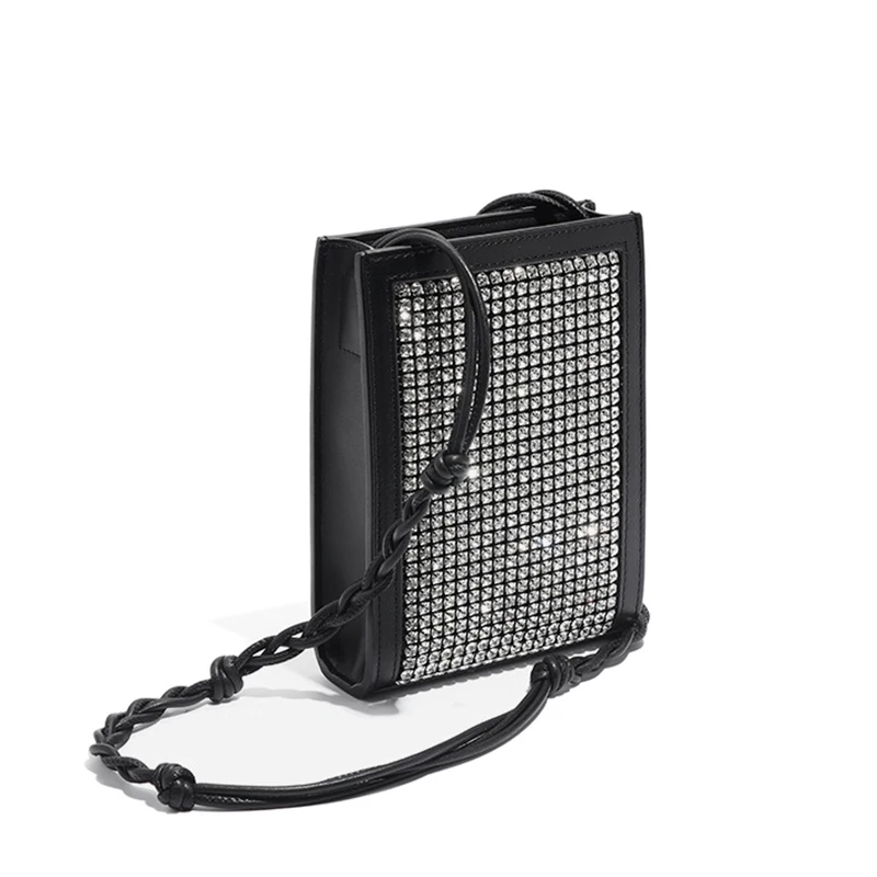 

PU Leather Shiny Rhinestone Diamond Cell Phone Bag Ladies Soft Weave Strap Hasp Mini Crossbody Bag Bling Diamond Phone Pouch