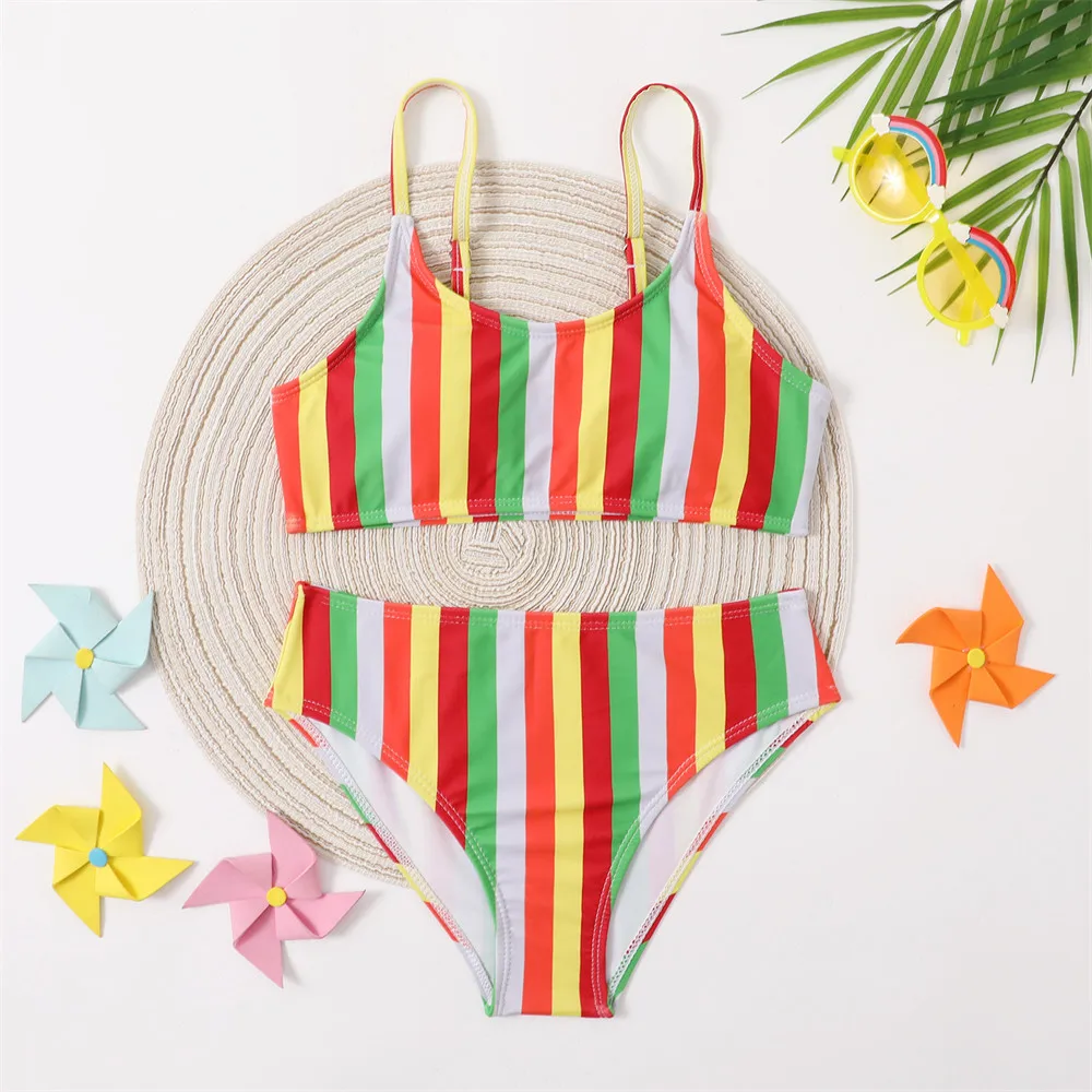 

Женский купальник-бикини в разноцветную полоску, детский пляжный спортивный купальник из двух частей, детский купальник-танкини, купальный...