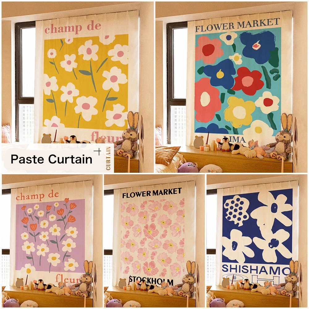 

Artistic Flower Door Curtain Fabric Cotton Linen Partition Bedroom Household Paste Curtain Multipurpose Hole Free Blackout Cloth