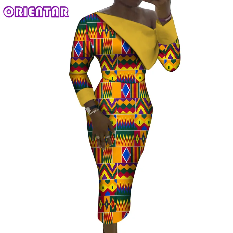 2022 African Dresses for Women Long Sleeve Asymmetric Neck African Wax Print Dress Women Bazin Riche Ankara Dress WY7355