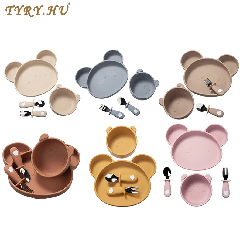 TYRY.HU 4Pcs Baby Silicone Dishes Dining Bowls Cartoon Panda